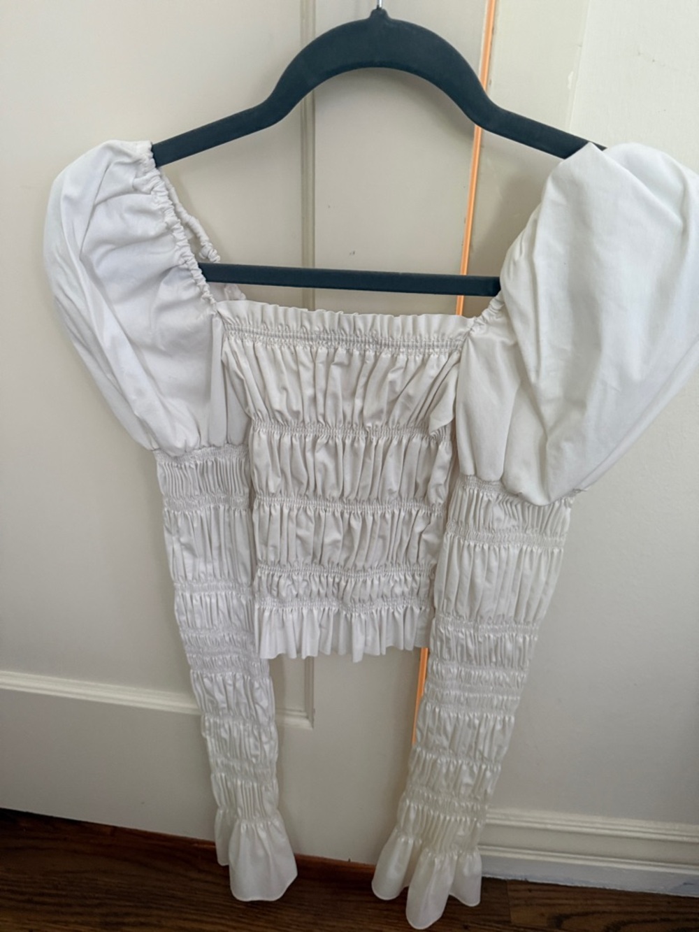 Caroline Constas White Smocked Puff-Sleeve Crop Top